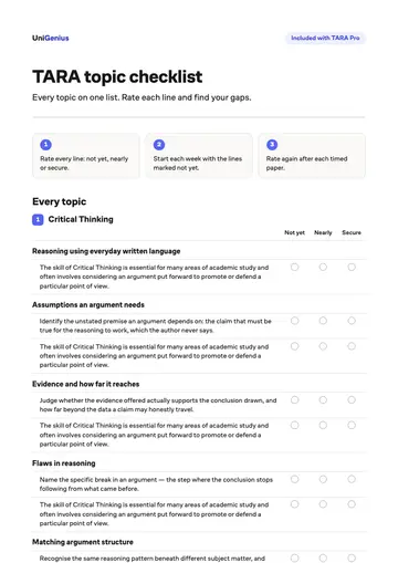 Page one of the TARA topic checklist