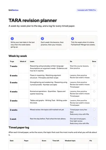 Page one of the TARA revision planner