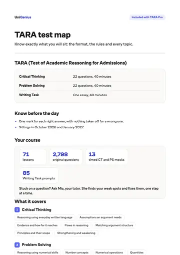 Page one of the TARA test map